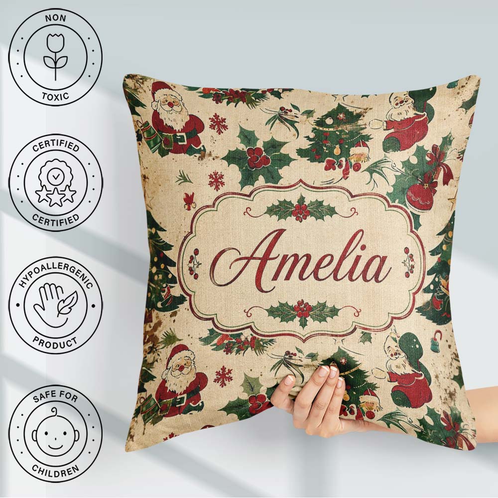 Custom Name Cartoon Santa Christmas Trees Holly Berries Seamless Square Filled Cushion Throw Pillow Sofa Bed Home Decor Zip Washable UK Made