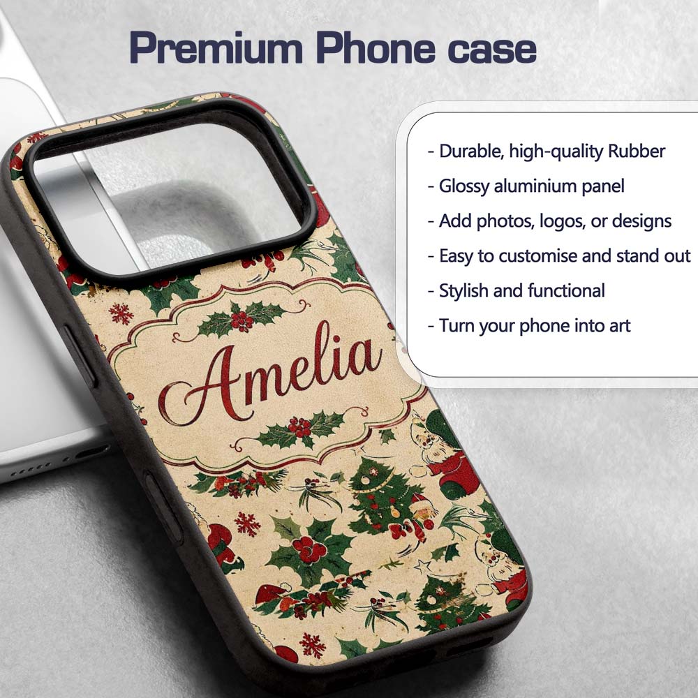 Cute Cartoon Santa Christmas Trees Holly Berries Custom Name Protective Phone Case Mobile Cover Durable Everyday Smartphone Shock Resistant