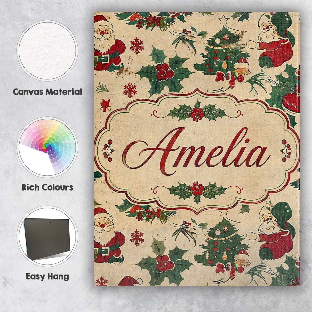 Personalised Name Cute Cartoon Santa Custom Premium Decorative Design Modern Room Accent Canvas Wall Art Print Decor Picture Ready to Hang