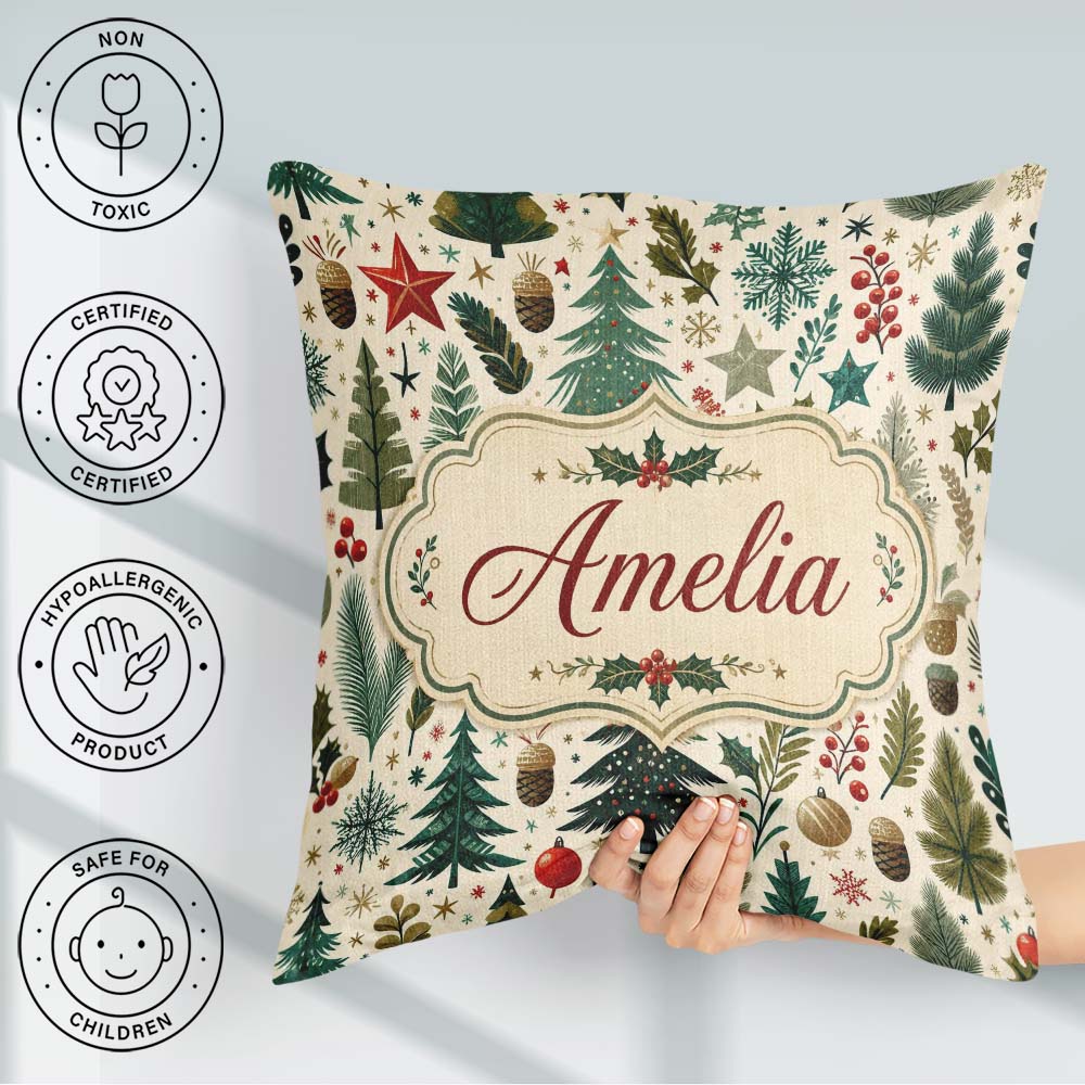 Custom Name Modern Trees Holly Leaves Snowflakes Winter Seamless Square Filled Cushion Throw Pillow Sofa Bed Home Decor Zip Washable UK Made
