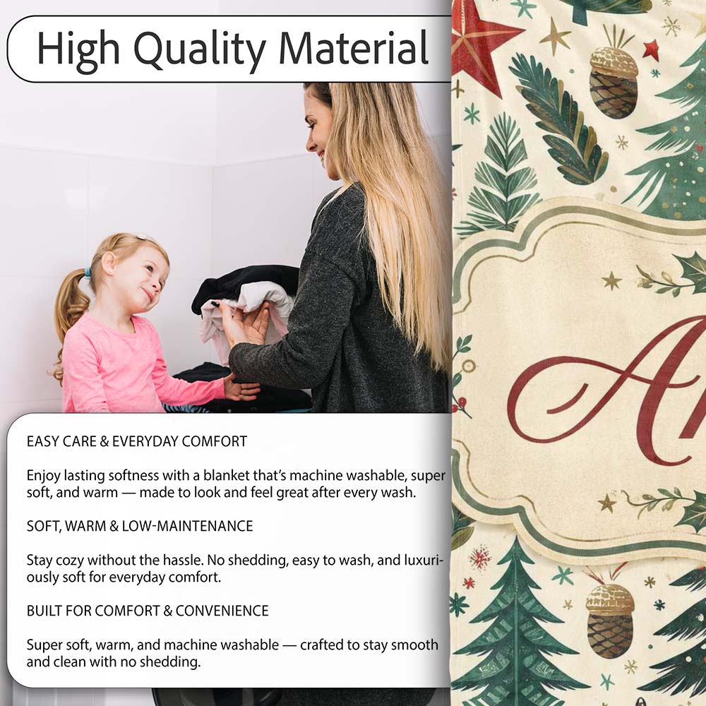 Modern Christmas Trees Holly Leaves Snowflakes Winter Seamless Personalised Custom Name Super Soft Fleece Blanket Bed Sofa Throw