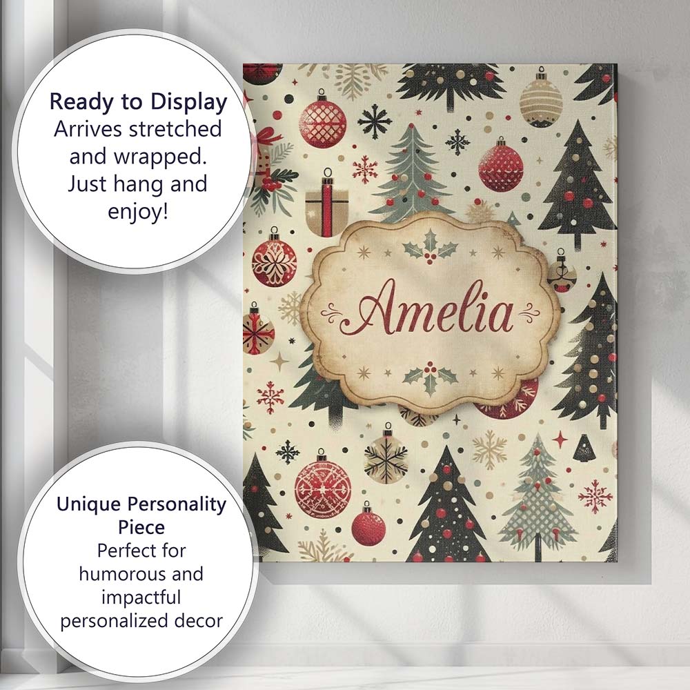 Personalised Name Scandinavian Christmas Custom Unique Gift Idea Elegant Feature Canvas Wall Art Print Decor Picture Ready to Hang