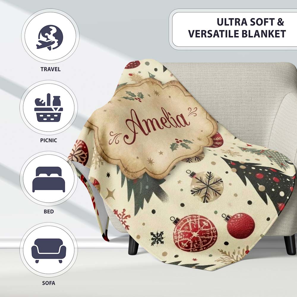 Scandinavian Christmas Trees Baubles Snowflakes Nordic Seamless Personalised Custom Name Super Soft Fleece Blanket Bed Sofa Throw