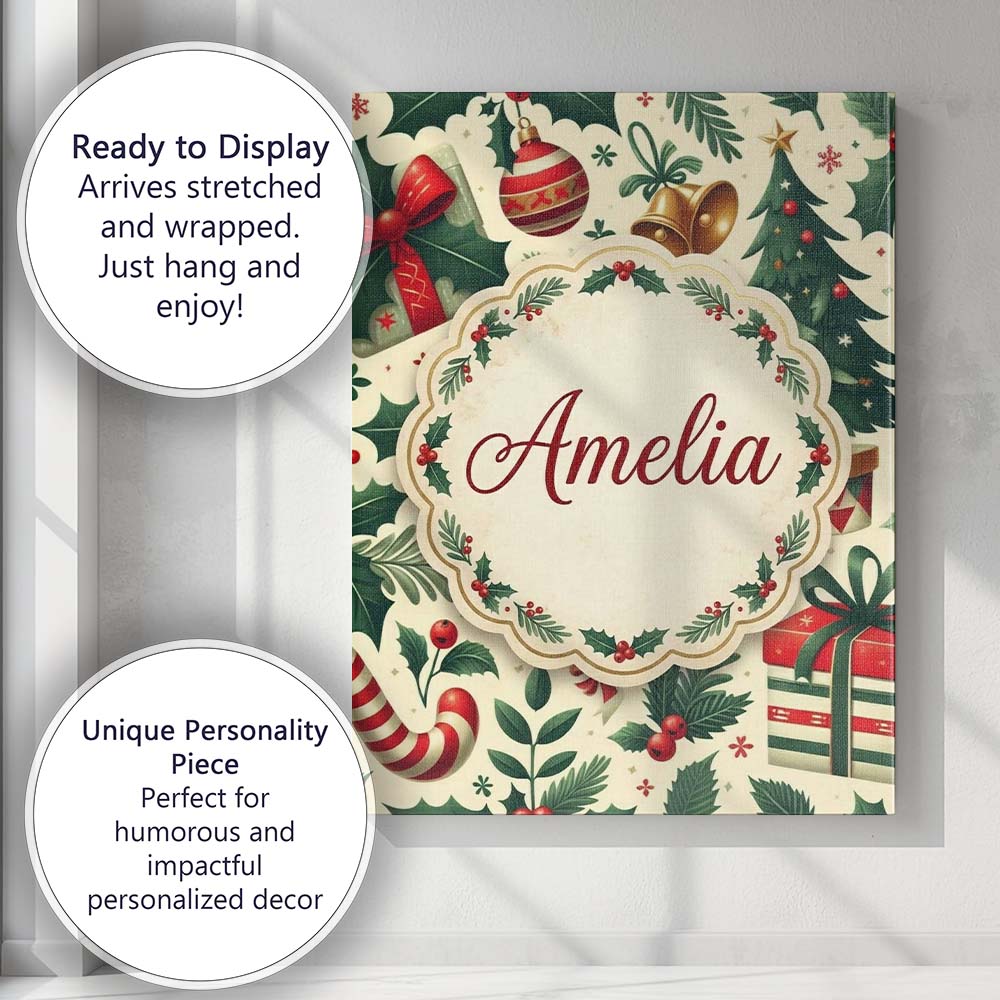 Personalised Name Festive Christmas Stocking Custom Bespoke Contemporary Display Canvas Wall Art Print Decor Picture Ready to Hang