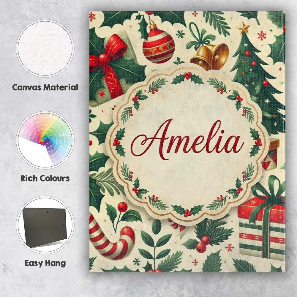 Personalised Name Festive Christmas Stocking Custom Bespoke Contemporary Display Canvas Wall Art Print Decor Picture Ready to Hang
