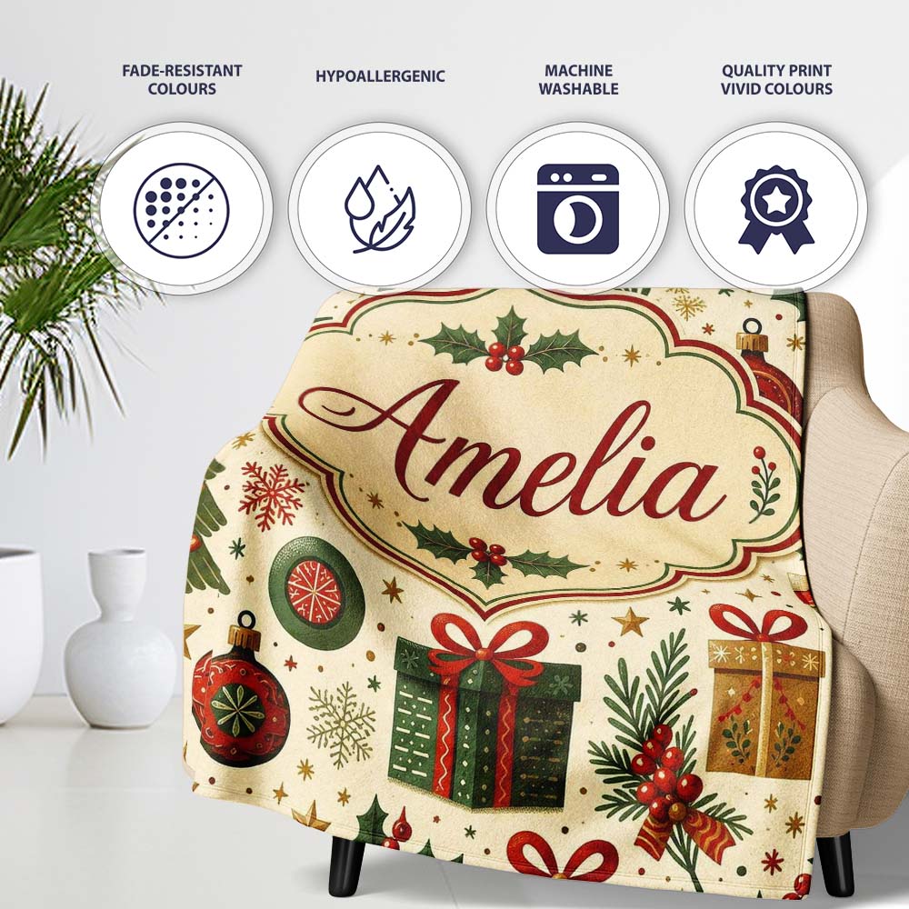 Classic Christmas Tree Gifts Ornaments Stars Holiday Seamless Lovely Personalised Custom Name Super Soft Fleece Blanket Bed Sofa Throw