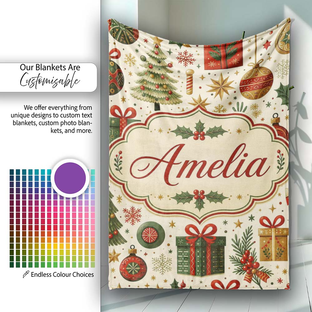 Classic Christmas Tree Gifts Ornaments Stars Holiday Seamless Lovely Personalised Custom Name Super Soft Fleece Blanket Bed Sofa Throw