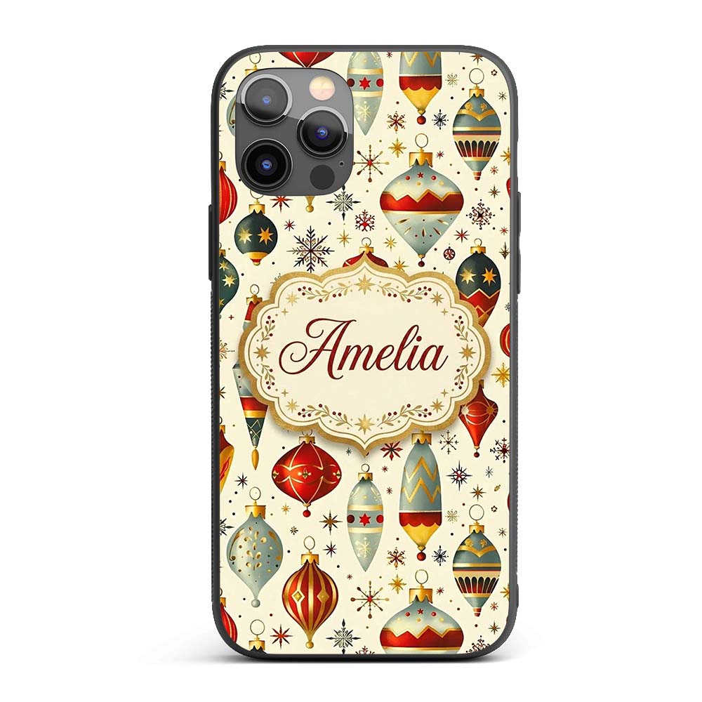 Vintage Christmas Baubles Ornaments Stars Elegant Custom Name Protective Phone Case Mobile Cover Durable Everyday Smartphone Shock Resistant