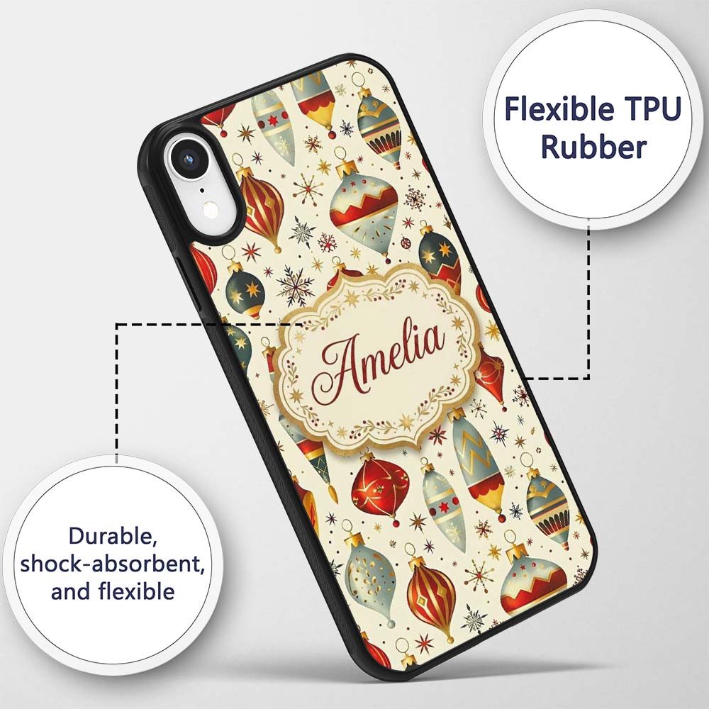 Vintage Christmas Baubles Ornaments Stars Elegant Custom Name Protective Phone Case Mobile Cover Durable Everyday Smartphone Shock Resistant