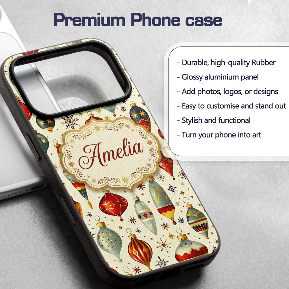 Vintage Christmas Baubles Ornaments Stars Elegant Custom Name Protective Phone Case Mobile Cover Durable Everyday Smartphone Shock Resistant