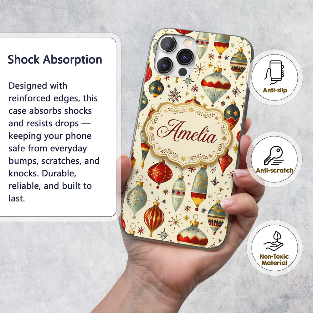Vintage Christmas Baubles Ornaments Stars Elegant Custom Name Protective Phone Case Mobile Cover Durable Everyday Smartphone Shock Resistant