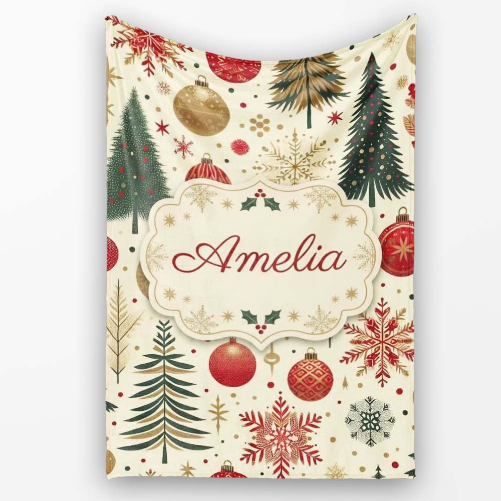 Vintage Christmas Trees Baubles Snowflakes Red Gold Festive Seamless Personalised Custom Name Super Soft Fleece Blanket Bed Sofa Throw