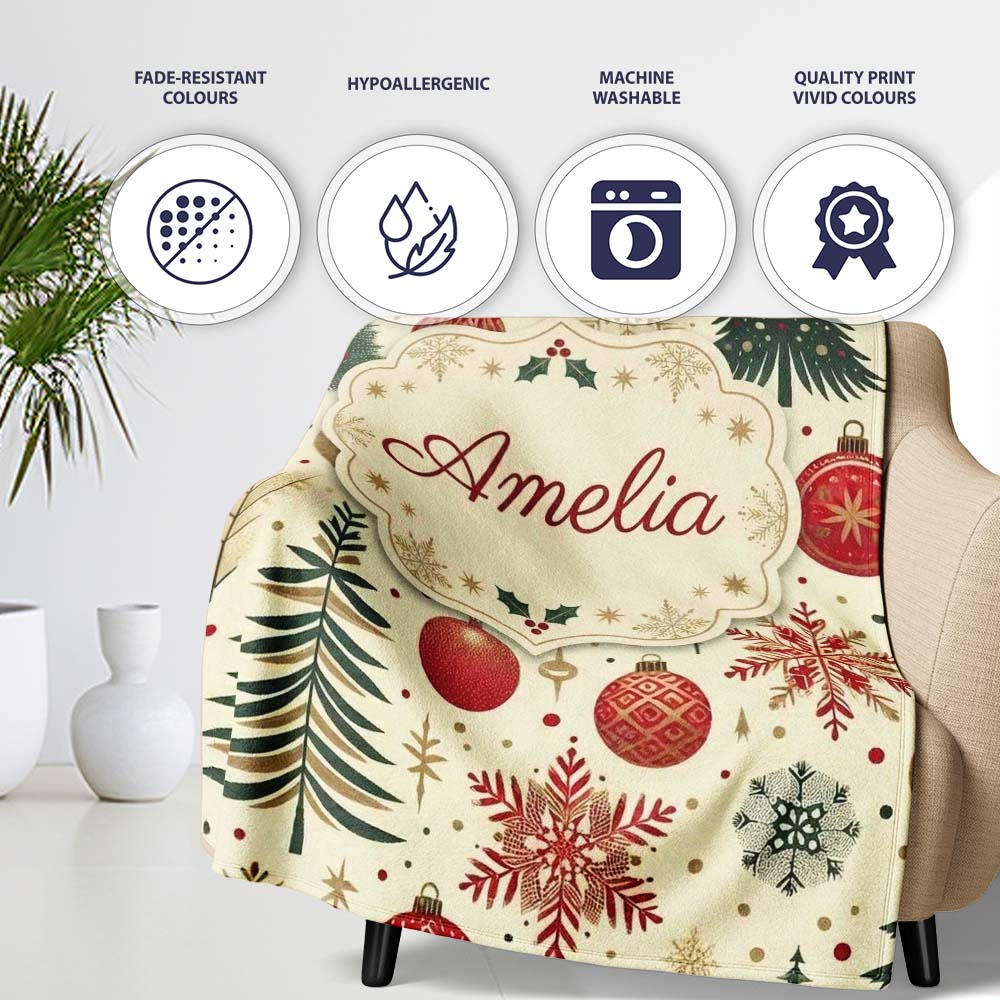 Vintage Christmas Trees Baubles Snowflakes Red Gold Festive Seamless Personalised Custom Name Super Soft Fleece Blanket Bed Sofa Throw