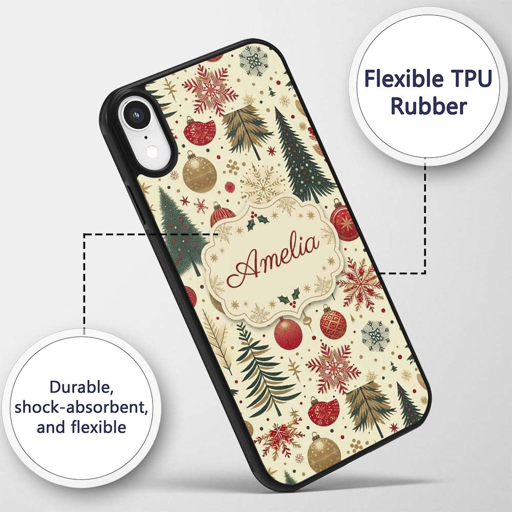 Vintage Christmas Trees Baubles Snowflakes Red Custom Name Protective Phone Case Mobile Cover Durable Everyday Smartphone Shock Resistant