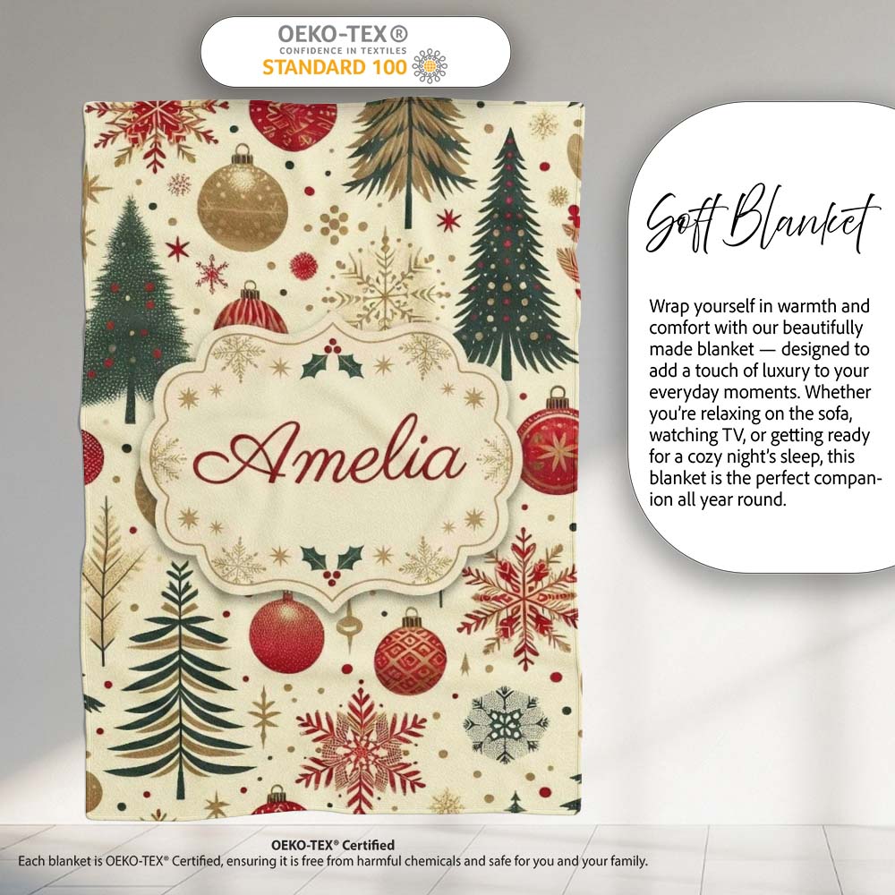 Vintage Christmas Trees Baubles Snowflakes Red Gold Festive Seamless Personalised Custom Name Super Soft Fleece Blanket Bed Sofa Throw
