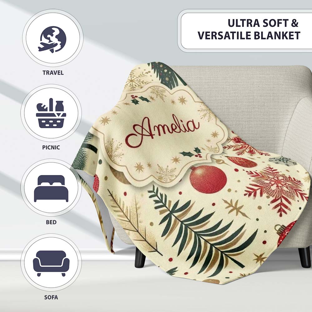 Vintage Christmas Trees Baubles Snowflakes Red Gold Festive Seamless Personalised Custom Name Super Soft Fleece Blanket Bed Sofa Throw