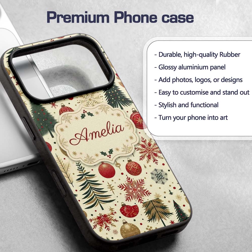Vintage Christmas Trees Baubles Snowflakes Red Custom Name Protective Phone Case Mobile Cover Durable Everyday Smartphone Shock Resistant