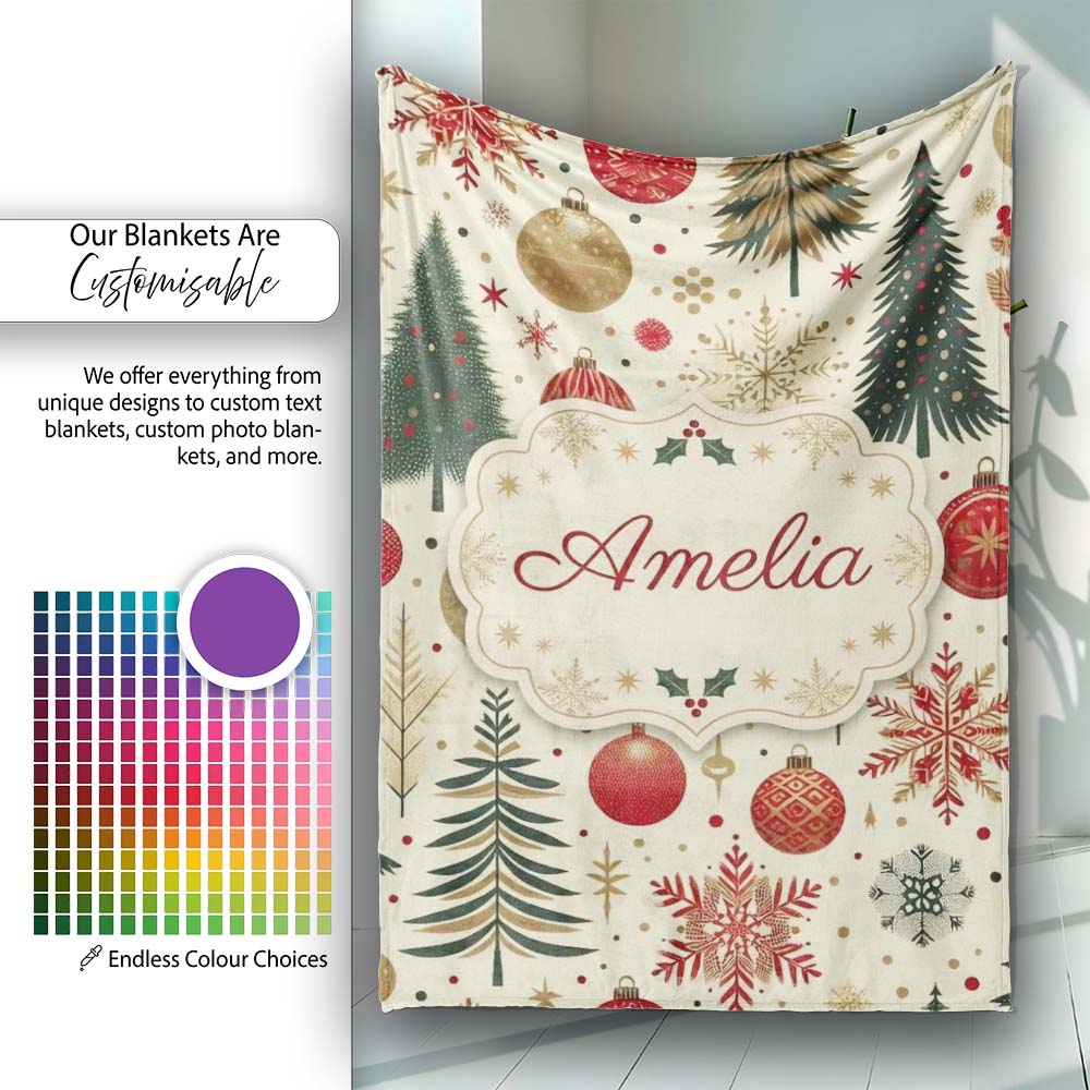Vintage Christmas Trees Baubles Snowflakes Red Gold Festive Seamless Personalised Custom Name Super Soft Fleece Blanket Bed Sofa Throw