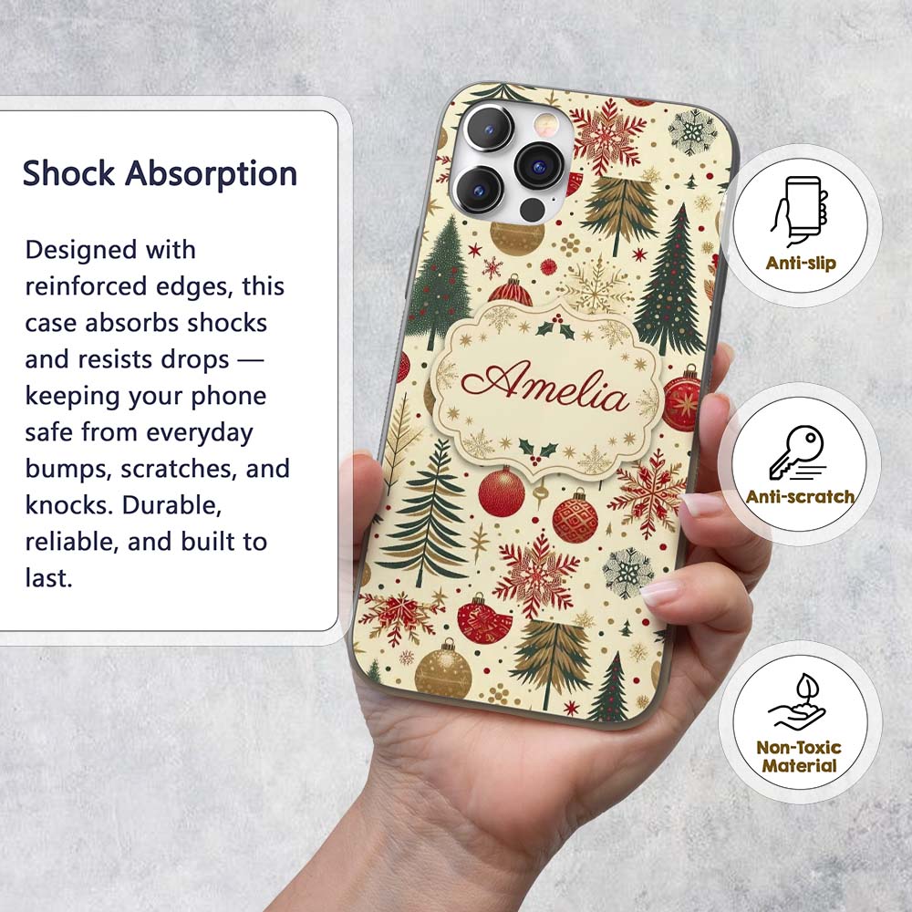 Vintage Christmas Trees Baubles Snowflakes Red Custom Name Protective Phone Case Mobile Cover Durable Everyday Smartphone Shock Resistant