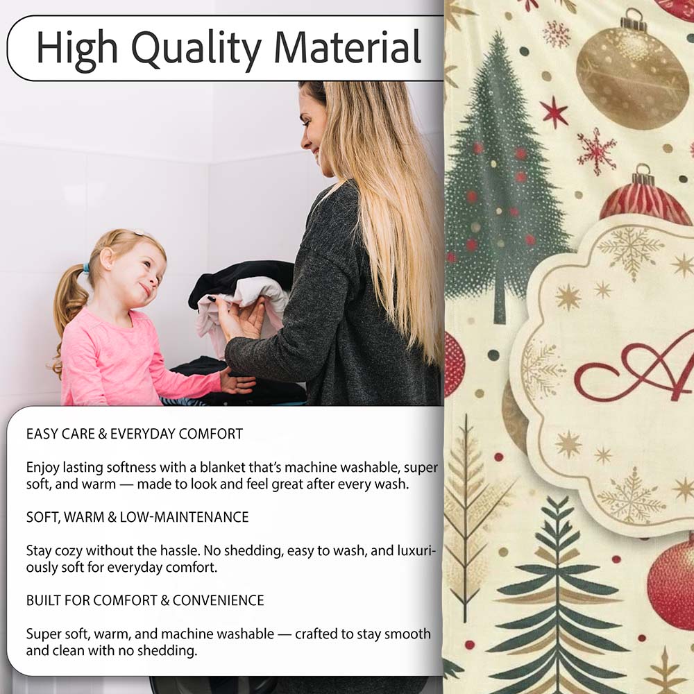 Vintage Christmas Trees Baubles Snowflakes Red Gold Festive Seamless Personalised Custom Name Super Soft Fleece Blanket Bed Sofa Throw