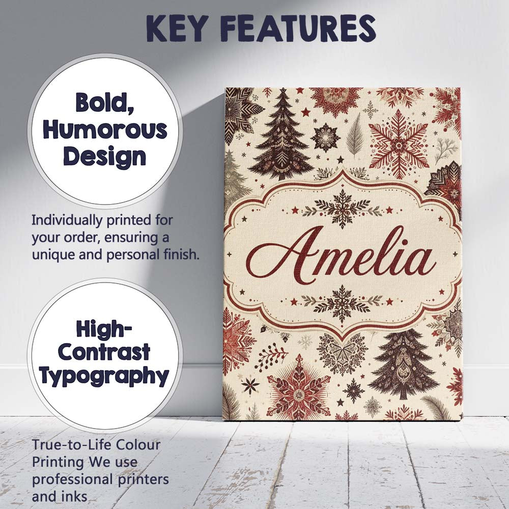 Personalised Name Elegant Snowflake Winter Custom Bespoke Contemporary Statement Canvas Wall Art Print Decor Picture Ready to Hang