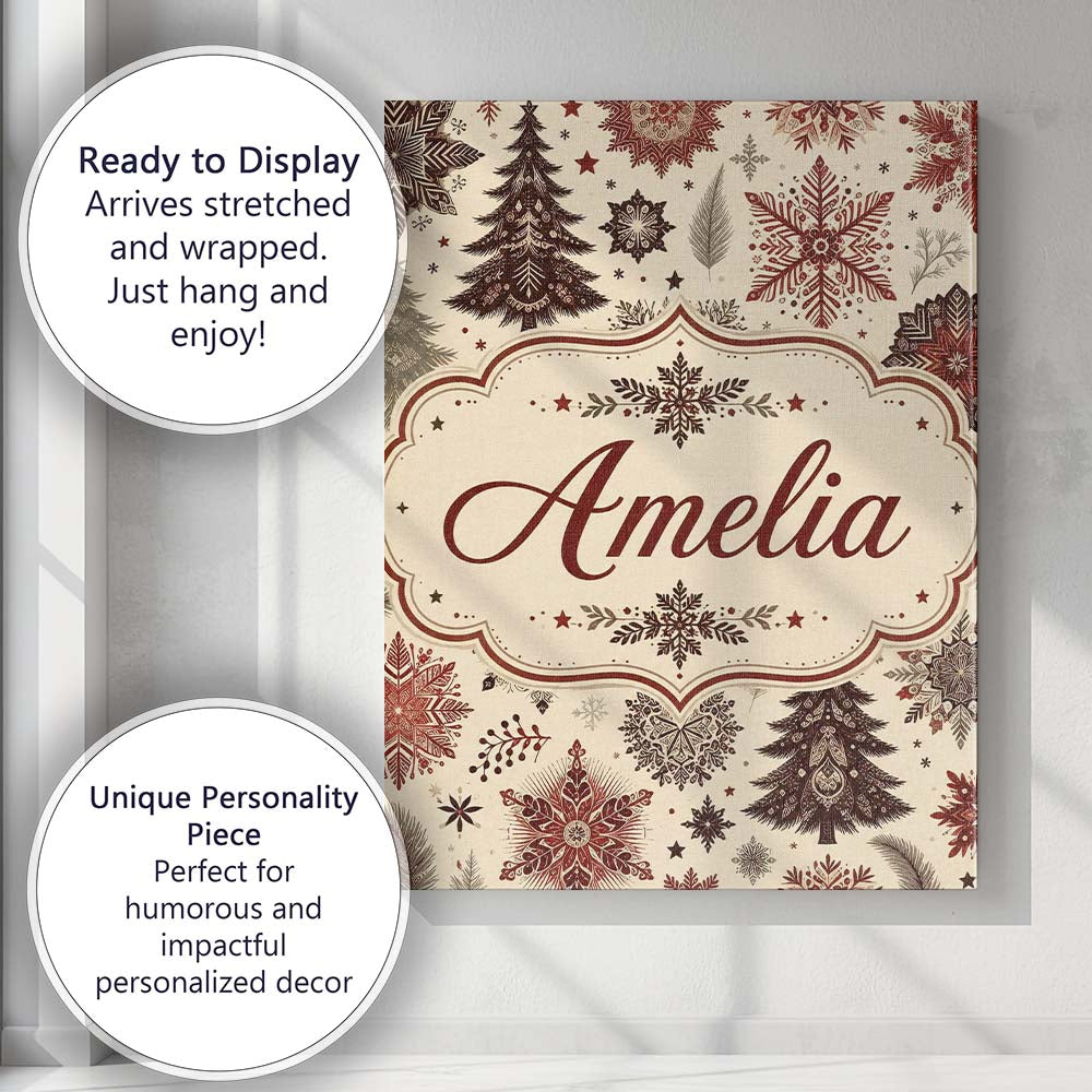 Personalised Name Elegant Snowflake Winter Custom Bespoke Contemporary Statement Canvas Wall Art Print Decor Picture Ready to Hang