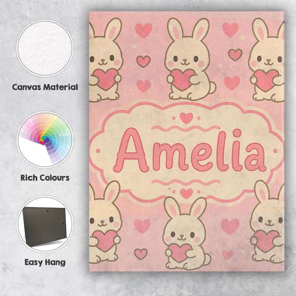 Personalised Name Cute Bunny Heart Cartoon Animal Love Pattern Custom Modern Room Accent Canvas Wall Art Print Decor Picture Ready to Hang