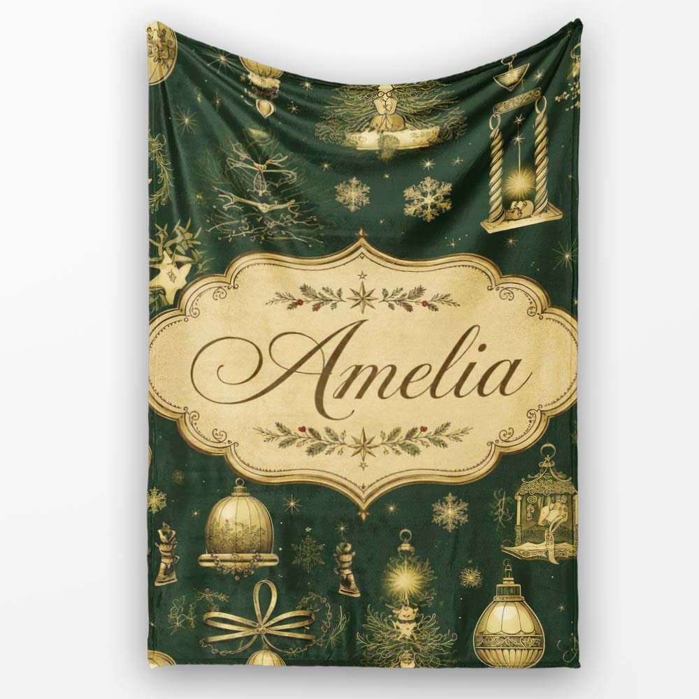 Luxury Gold Christmas Ornaments Lantern Stars Dark Green Seamless Personalised Custom Name Super Soft Fleece Blanket Bed Sofa Throw