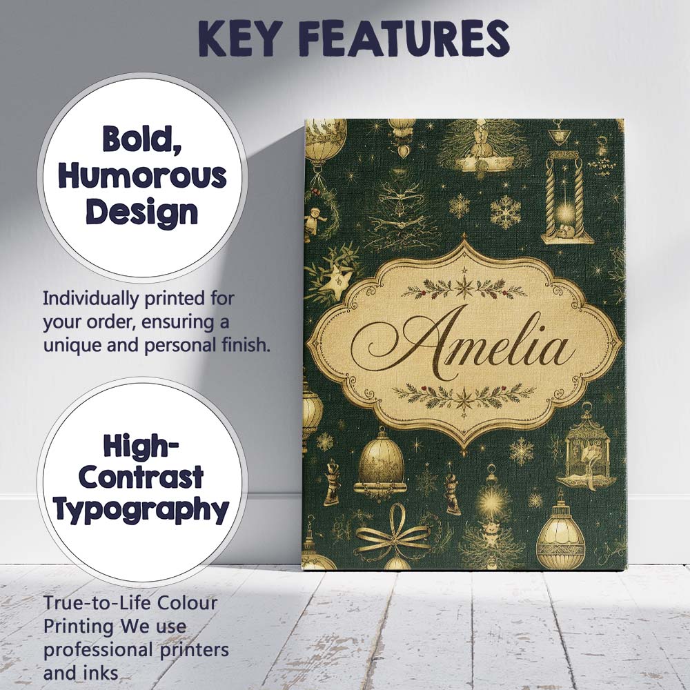 Personalised Name Luxury Gold Christmas Custom Modern Room Accent Elegant Feature Canvas Wall Art Print Decor Picture Ready to Hang