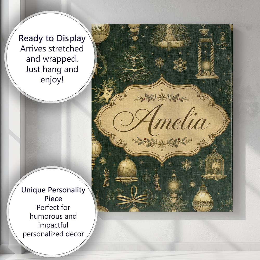 Personalised Name Luxury Gold Christmas Custom Modern Room Accent Elegant Feature Canvas Wall Art Print Decor Picture Ready to Hang
