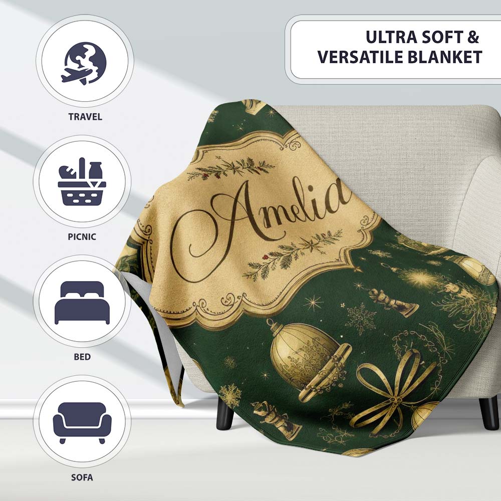 Luxury Gold Christmas Ornaments Lantern Stars Dark Green Seamless Personalised Custom Name Super Soft Fleece Blanket Bed Sofa Throw