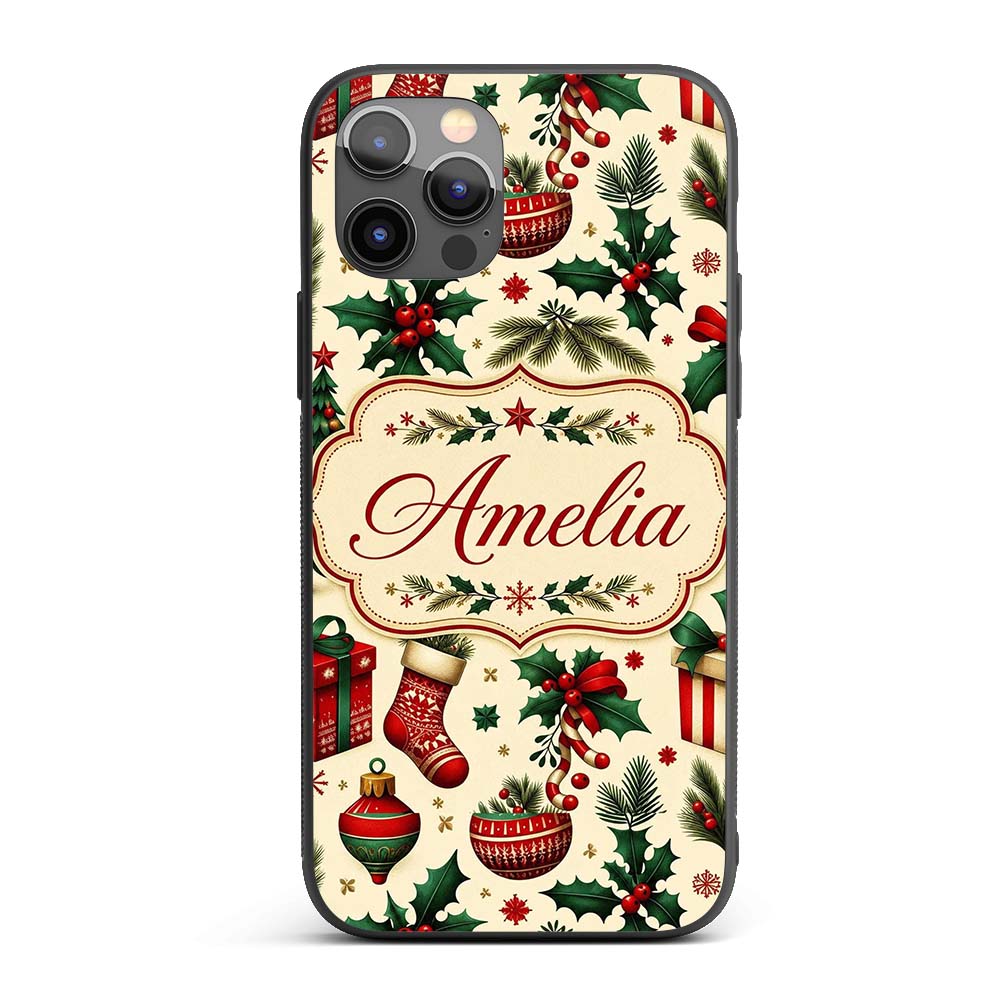 Festive Christmas Gifts Stockings Holly Leaves Custom Name Protective Phone Case Mobile Cover Durable Everyday Smartphone Shock Resistant