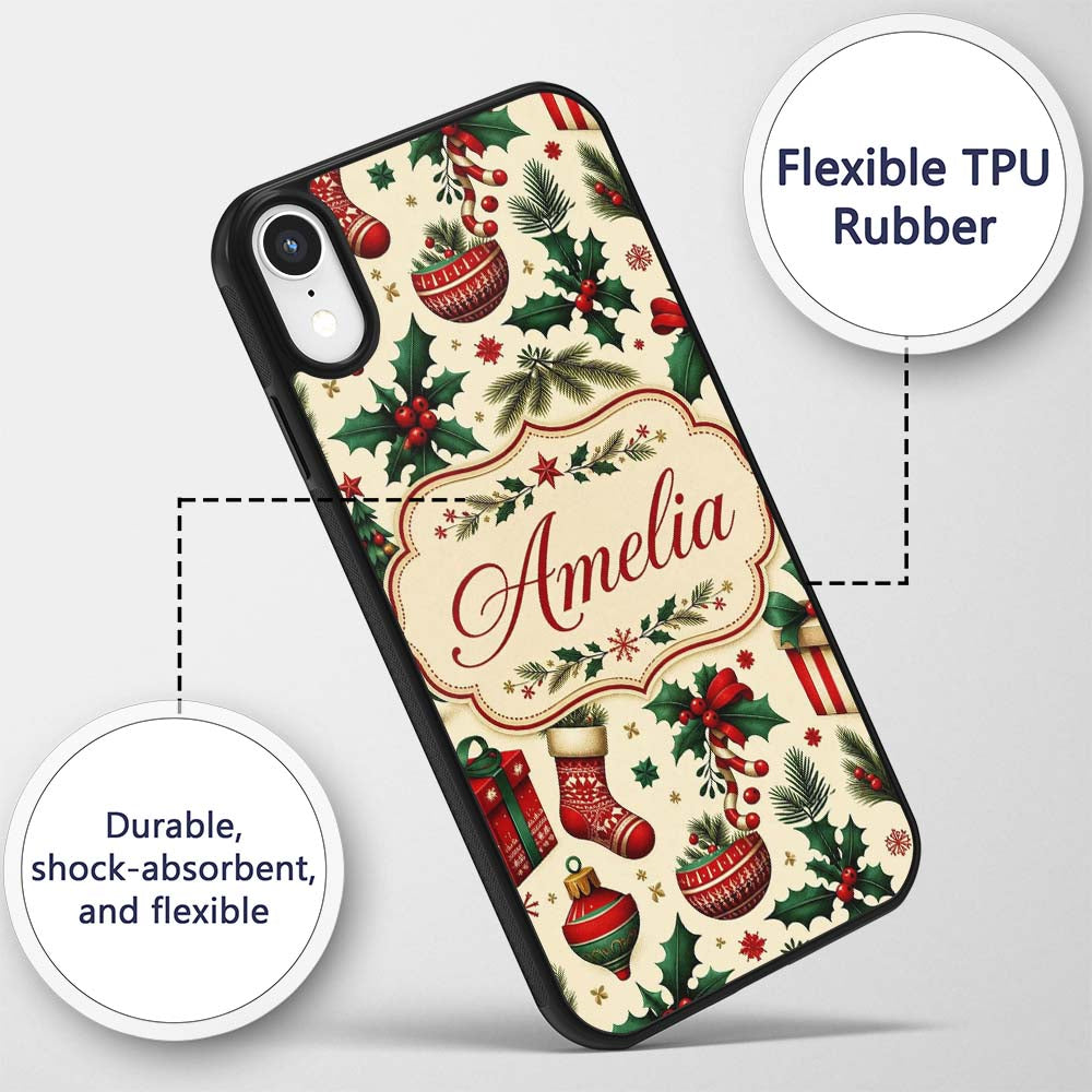 Festive Christmas Gifts Stockings Holly Leaves Custom Name Protective Phone Case Mobile Cover Durable Everyday Smartphone Shock Resistant