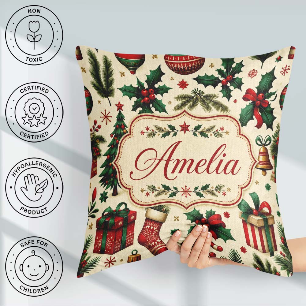Custom Name Festive Christmas Gifts Stockings Holly Leaves Bells Square Filled Cushion Throw Pillow Sofa Bed Home Decor Zip Washable UK Made
