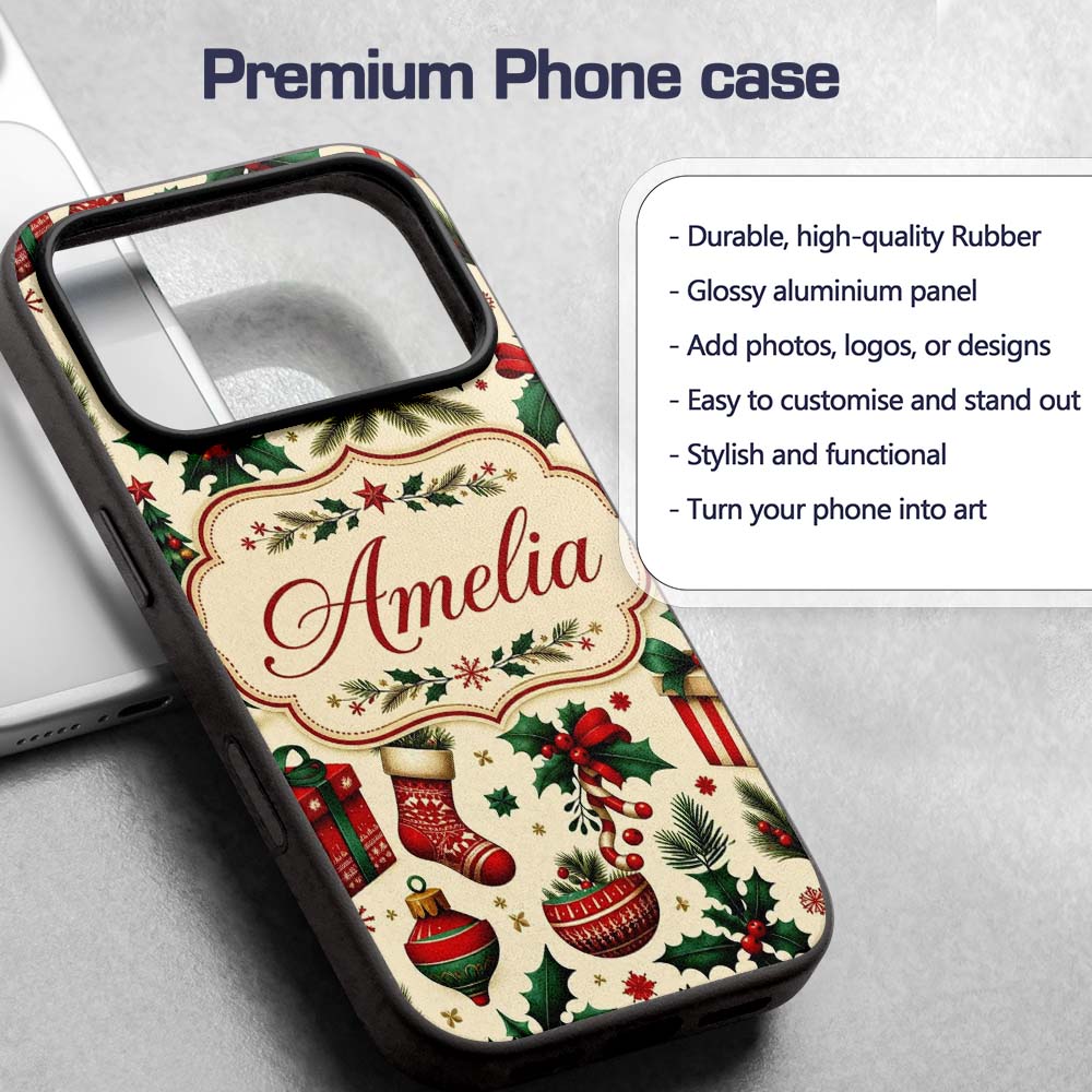 Festive Christmas Gifts Stockings Holly Leaves Custom Name Protective Phone Case Mobile Cover Durable Everyday Smartphone Shock Resistant