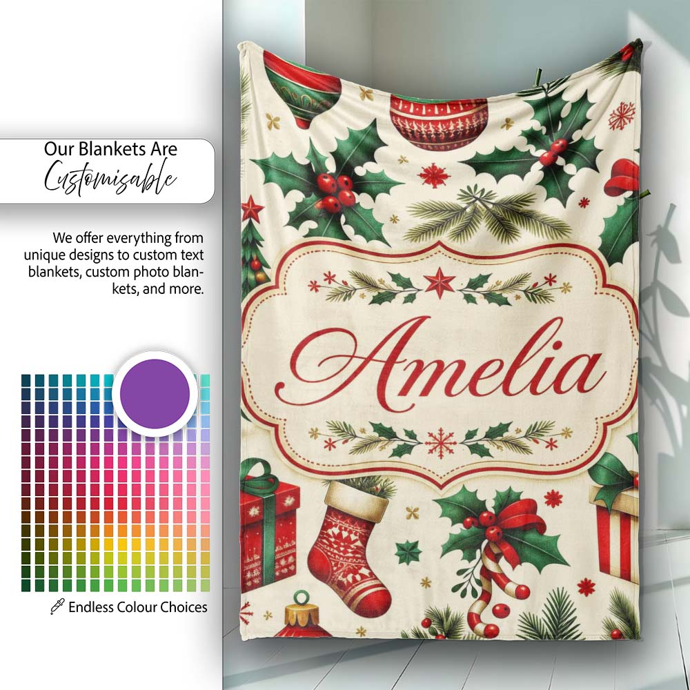 Festive Christmas Gifts Stockings Holly Leaves Bells Seamless Lovely Personalised Custom Name Super Soft Fleece Blanket Bed Sofa Throw