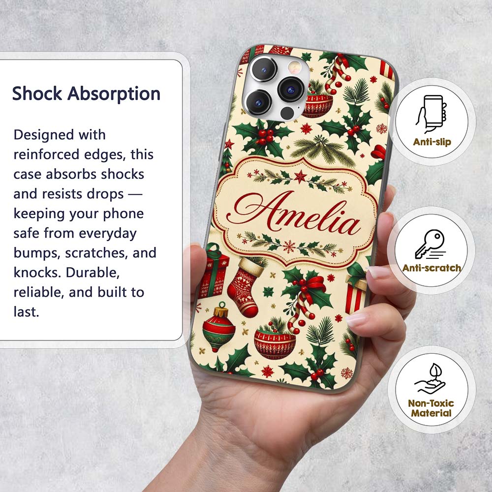 Festive Christmas Gifts Stockings Holly Leaves Custom Name Protective Phone Case Mobile Cover Durable Everyday Smartphone Shock Resistant