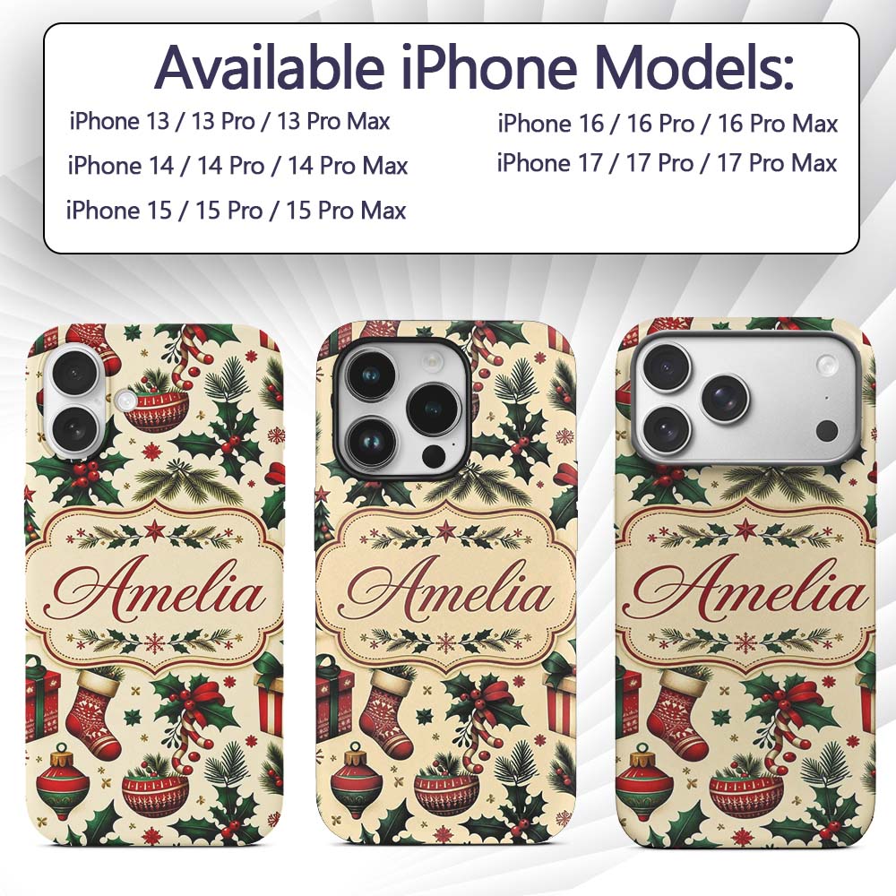 Festive Christmas Gifts Stockings Holly Leaves Custom Name Protective Phone Case Mobile Cover Durable Everyday Smartphone Shock Resistant