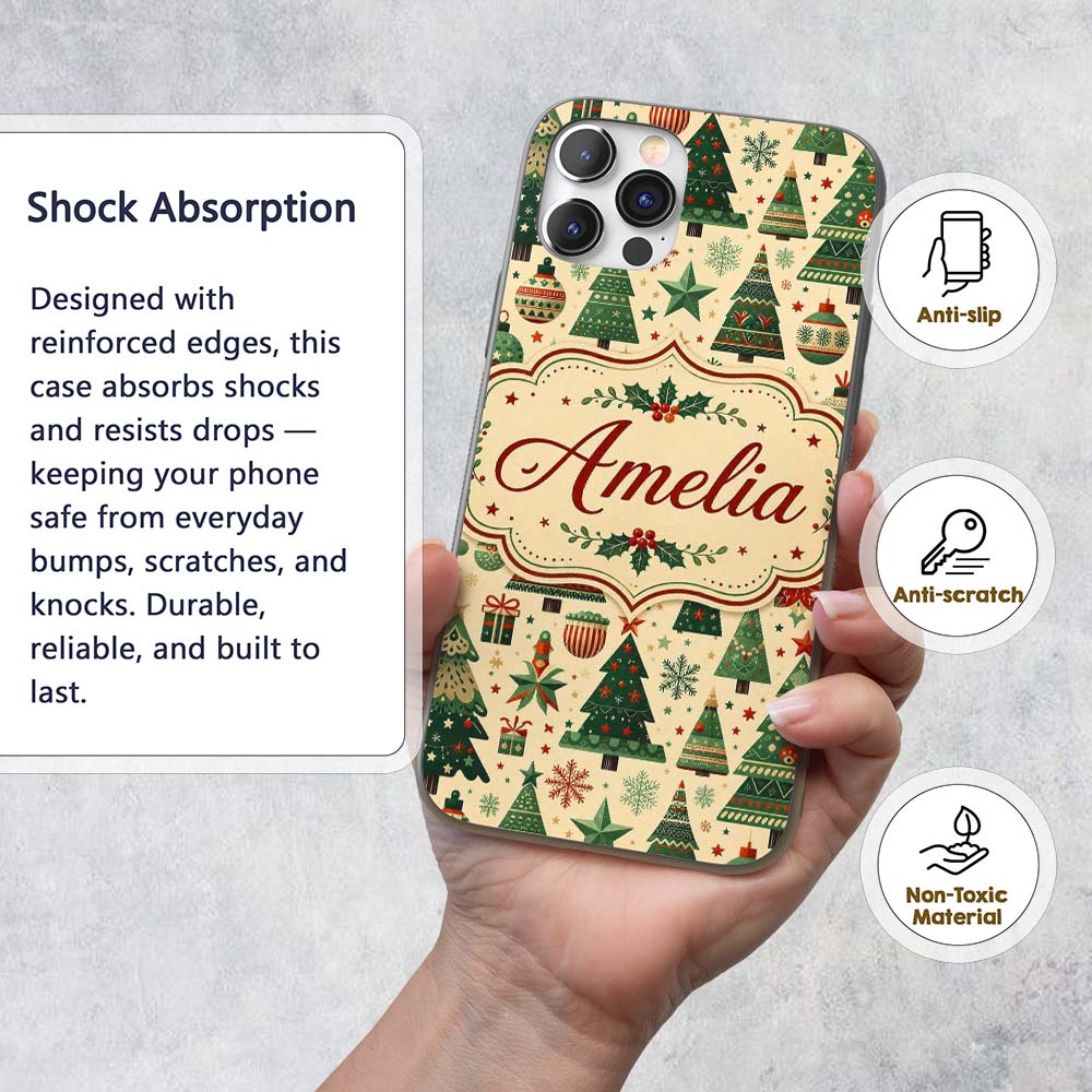 Scandinavian Christmas Trees Ornaments Nordic Custom Name Protective Phone Case Mobile Cover Durable Everyday Smartphone Shock Resistant