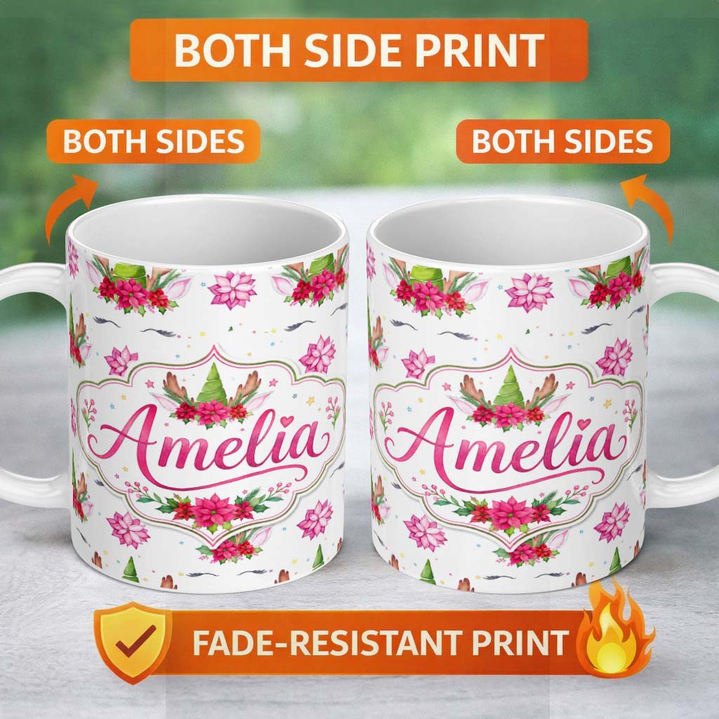 Personalized Custom Name Cute Christmas Unicorn Antlers Floral Fantasy Seamless Pattern 11oz Ceramic Coffee Tea Mug White Large Handle