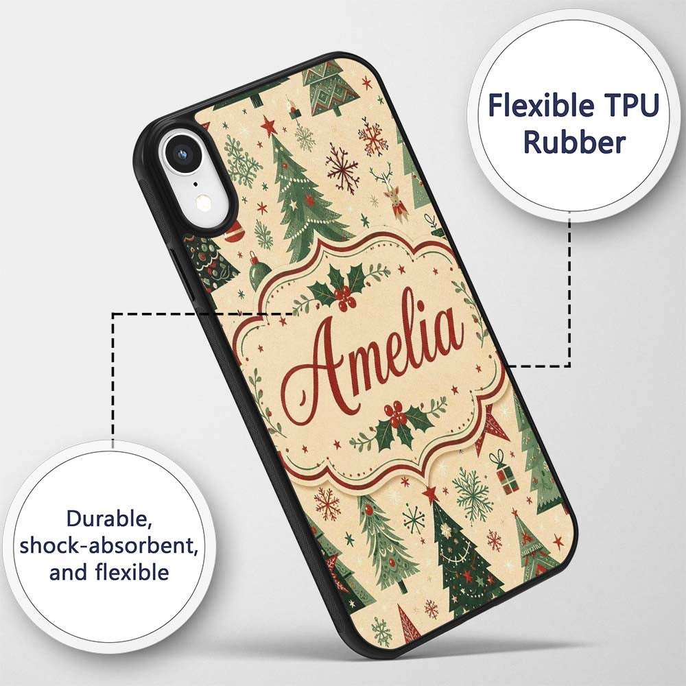Christmas Trees Stars Snowflakes Holiday Seamless Custom Name Protective Phone Case Mobile Cover Durable Everyday Smartphone Shock Resistant