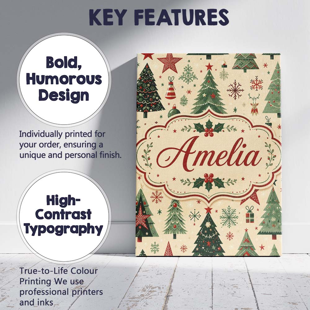 Personalised Name Christmas Trees Stars Custom Modern Room Accent Elegant Feature Canvas Wall Art Print Decor Picture Ready to Hang
