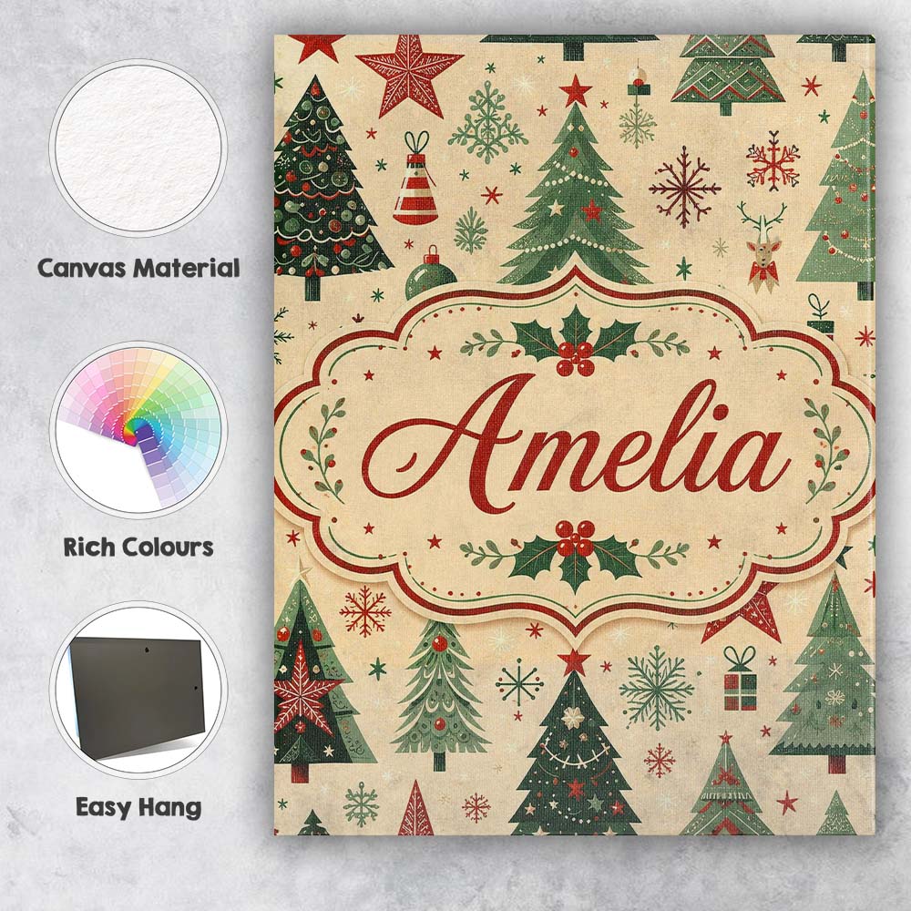 Personalised Name Christmas Trees Stars Custom Modern Room Accent Elegant Feature Canvas Wall Art Print Decor Picture Ready to Hang