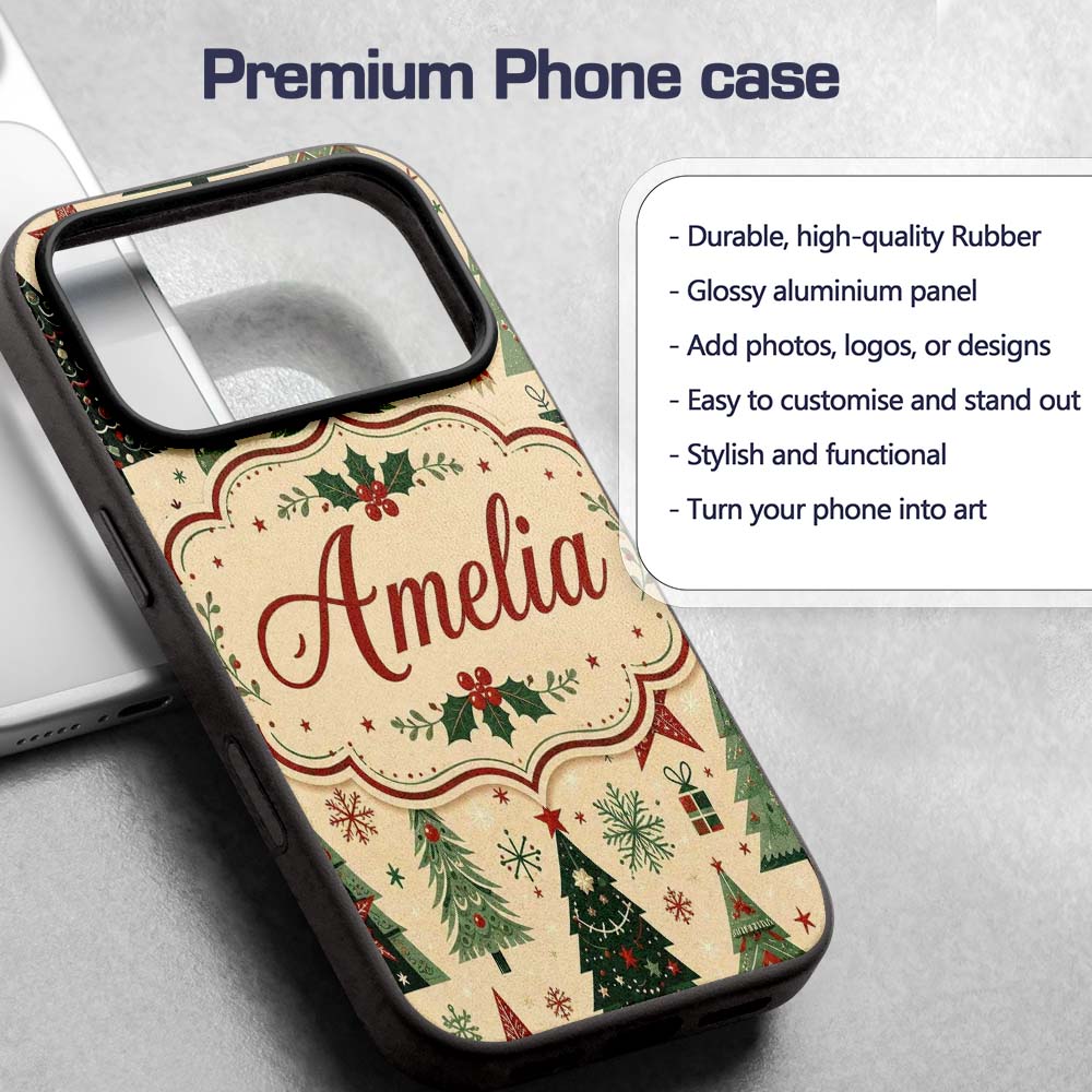 Christmas Trees Stars Snowflakes Holiday Seamless Custom Name Protective Phone Case Mobile Cover Durable Everyday Smartphone Shock Resistant