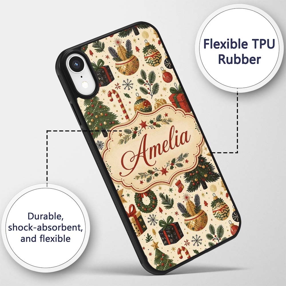 Vintage Christmas Trees Gifts Baubles Candy Cane Custom Name Protective Phone Case Mobile Cover Durable Everyday Smartphone Shock Resistant