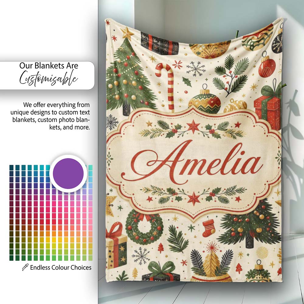 Vintage Christmas Trees Gifts Baubles Candy Cane Festive Seamless Personalised Custom Name Super Soft Fleece Blanket Bed Sofa Throw