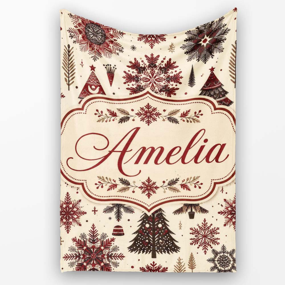 Red Black Nordic Christmas Trees Snowflakes Winter Seamless Pattern Personalised Custom Name Super Soft Fleece Blanket Bed Sofa Throw