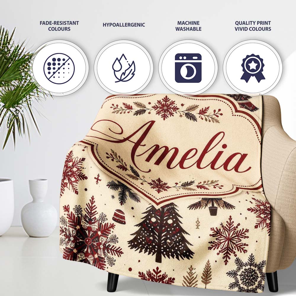 Red Black Nordic Christmas Trees Snowflakes Winter Seamless Pattern Personalised Custom Name Super Soft Fleece Blanket Bed Sofa Throw