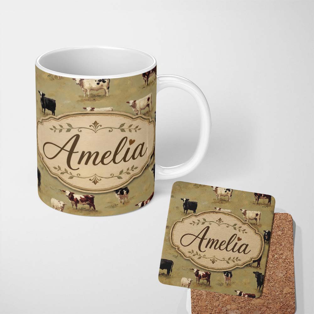Personalized Custom Name Farm Cow Cattle Pasture Illustration Seamless Pattern Lovely 11oz Ceramic Coffee Tea Mug White Large Handle