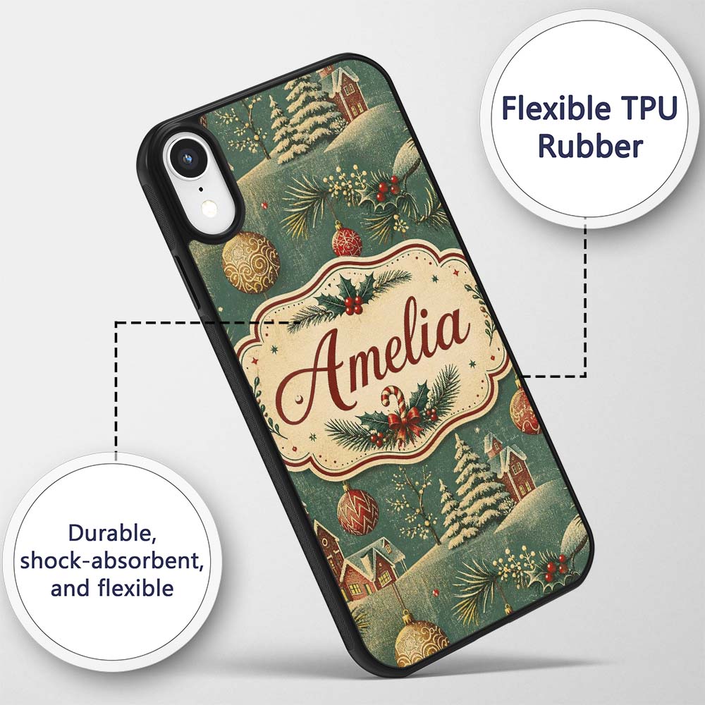 Classic Christmas Ornaments Holly Candy Cane Pine Custom Name Protective Phone Case Mobile Cover Durable Everyday Smartphone Shock Resistant